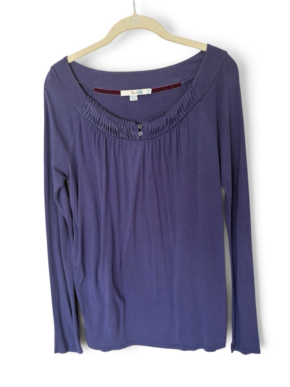 Boden 8 long-sleeve scoop neck jersey blouse pleated ruched neckline keyhole